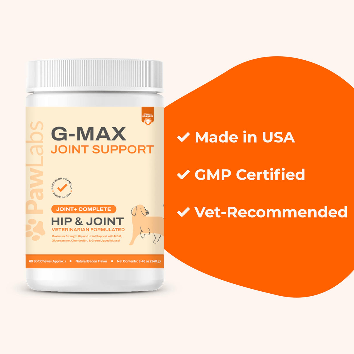 Pawlabs G-Max Joint Support for Dogs - Maximum Strength Hip & Joint Supplement with Glucosamine, Chondroitin, MSM etc - Relieves Arthritis Pain & Hip Dysplasia - Bacon Flavor, 60 Chews