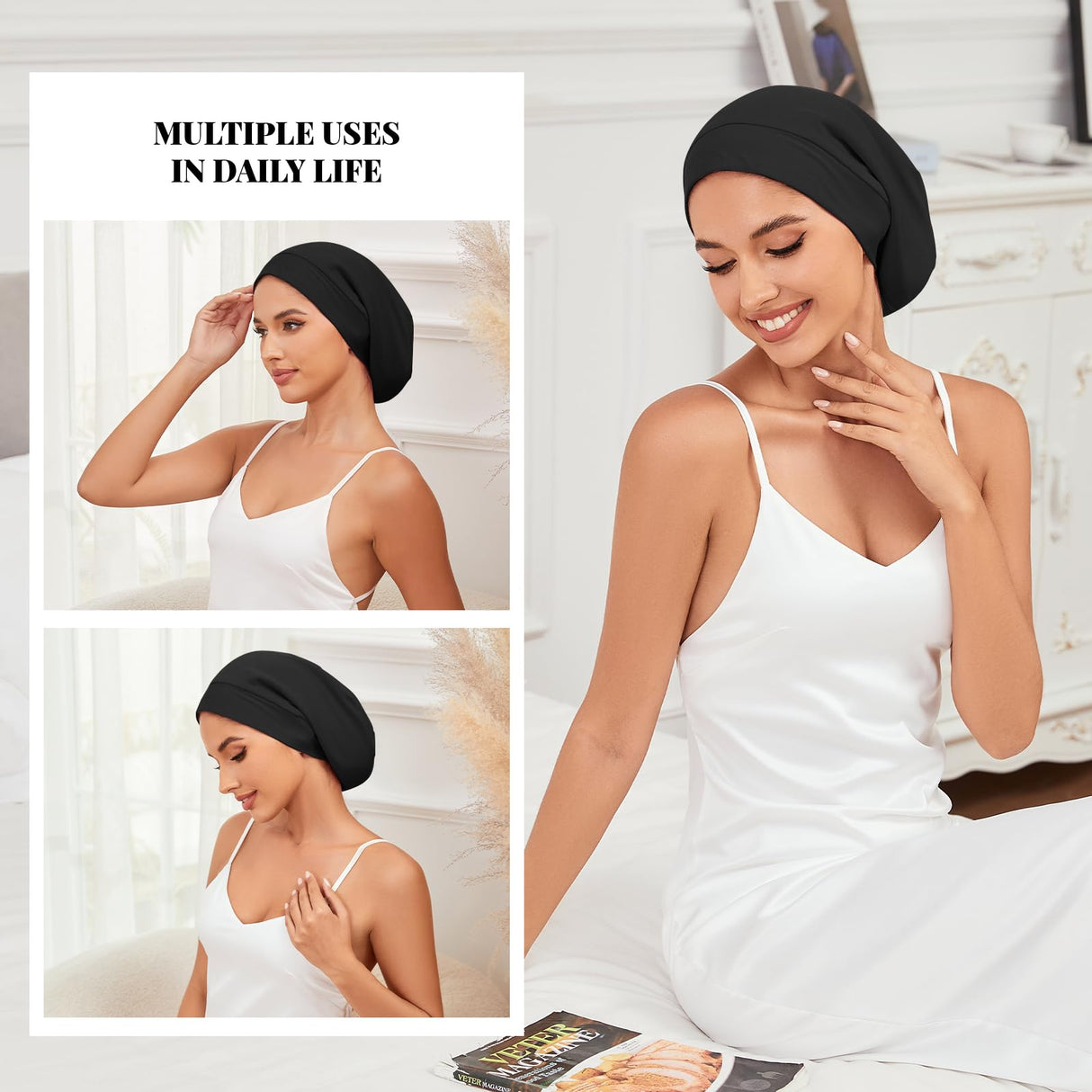 Silky Satin Lined Bonnet Sleep Cap Adjustable Strap Hair Wrap Slouchy Beanie Hat for Curly Hair Braids Night Caps for Women 2PCS(Black&Pink)