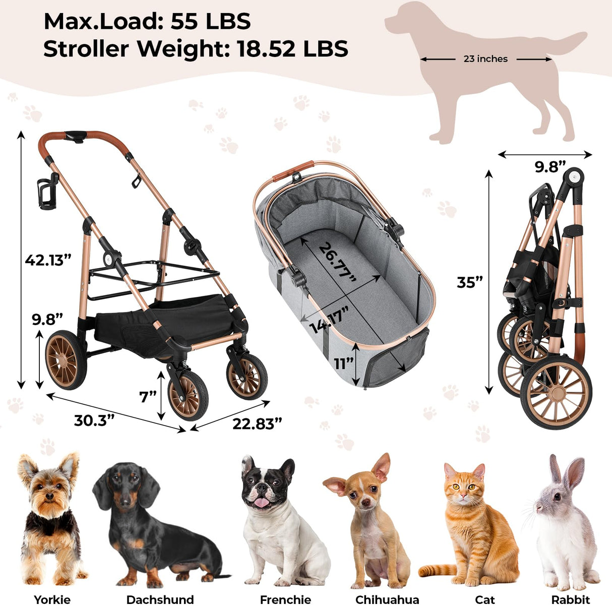 MAMIZO Pet Stroller for Medium Dogs Cats Up to 55 lbs, All-Terrain 3-in-1 Dog Stroller with Detachable Carrier, Rubber Wheels, One-Click Folding, Storage Basket & Cup Holder, for Senior Dogs & Cats