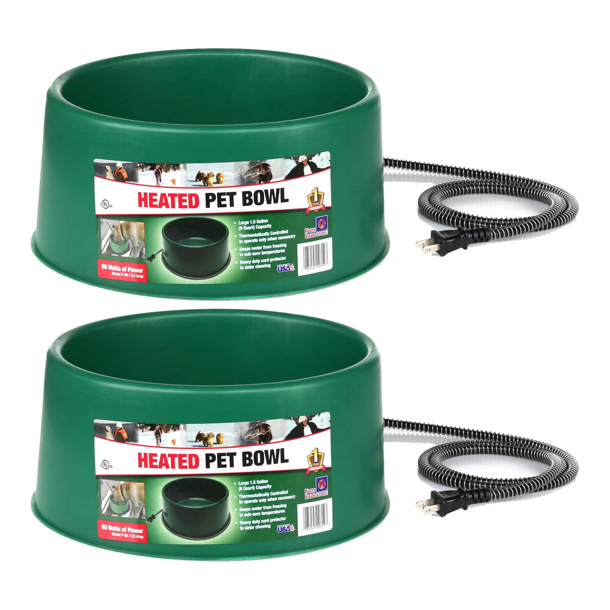 Farm Innovators P-60 1.5 Gallon 60 Watt Electric Heated Pet Water Bowl with Thermostatic Control and Anti Chew Cord, Green (2 Pack)