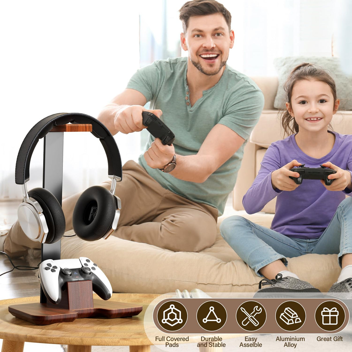 Controller Stand Wood Headphone Stand for Desk Gaming Desk Accessories Controller Holder for Gaming Equipment Headset Holder Gift for Father,Son,Husband,Boyfriend