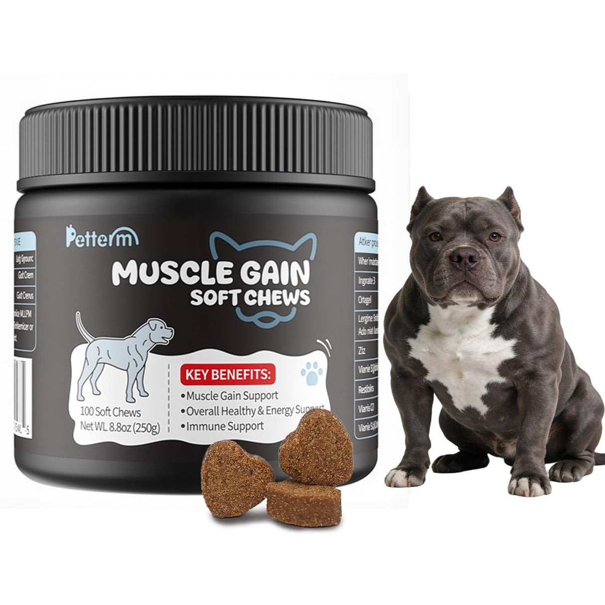 Petterm Dog Muscle Gain Chews - Dog Weight Gain Treat Weight Gain Supplements for Dogs Muscle Builder - with High Protein & Amino Acids for Lean Strength Recovery - 100 Chews for All Breeds & Ages