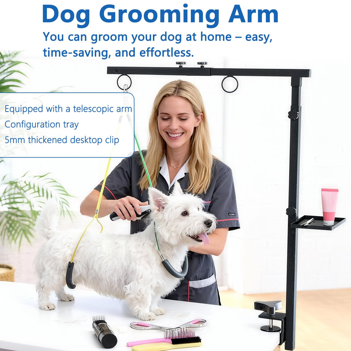 Lazaluking Dog Grooming Table Arm with Clamp (33"-43") | Extendable, Foldable Stand & Restraint with Grooming Hammock, No-Sit Rope, Tray & Bag | for Small/Medium Dogs at Home & Salon