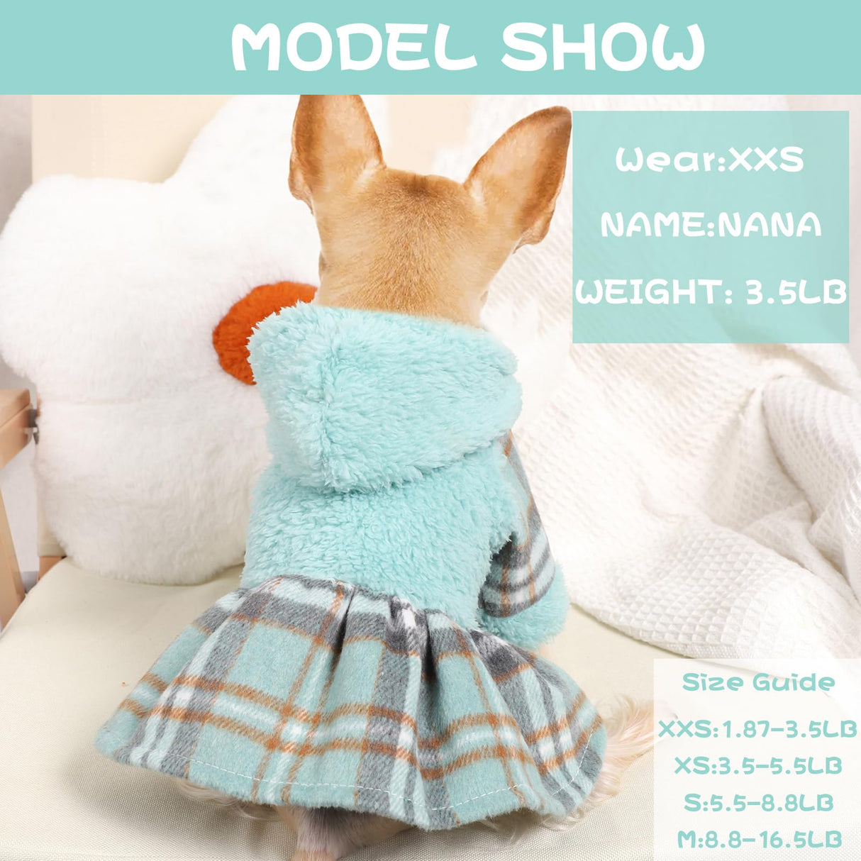 Winter Dog Dress, Cute Warm Fleece Dog Hooded Sweater, for Small Dogs Girl, Pink Plaid Puppy Dresses Clothes for Chihuahua Yorkie,Cat Apparel (Small, Blue)