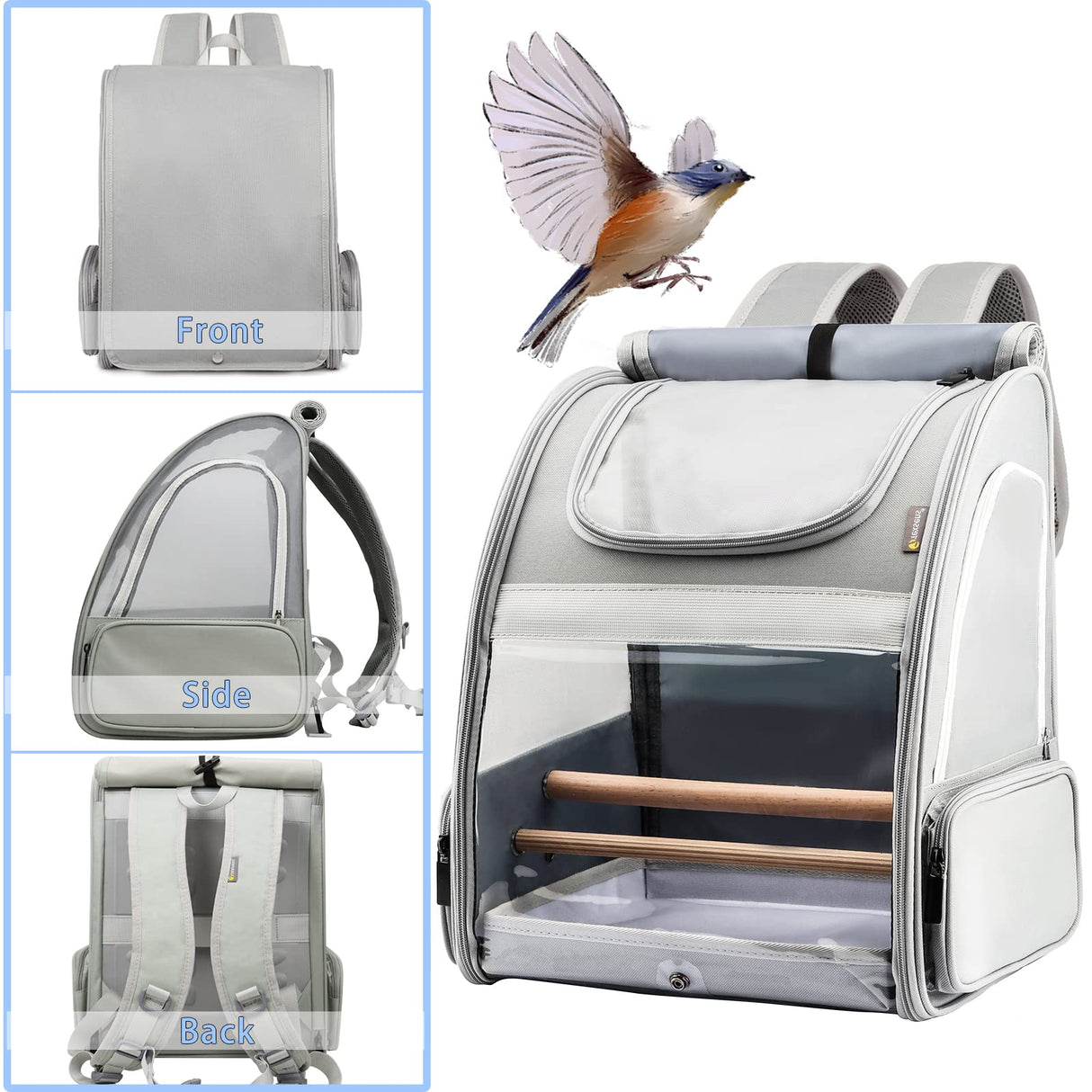 Texsens Bird Carrier Backpack - Pet Travel Cage with Upgraded Tray and Standing Perches, Breathable & Portable, for Small Birds, Green Cheek, Cockatiel, Parrot (Grey)