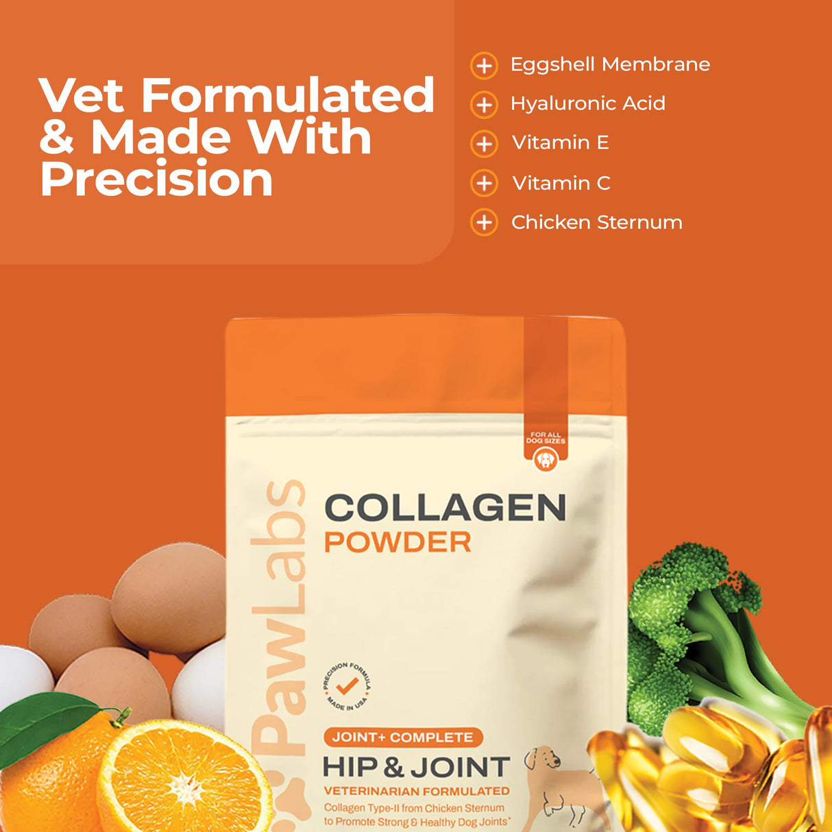 PawLabs Collagen Powder for Dogs - Collagen Type II from Chicken Sternum, Eggshell Membrane, Hyaluronic Acid, Vitamin E & C - Joint Health & Cartilage Support