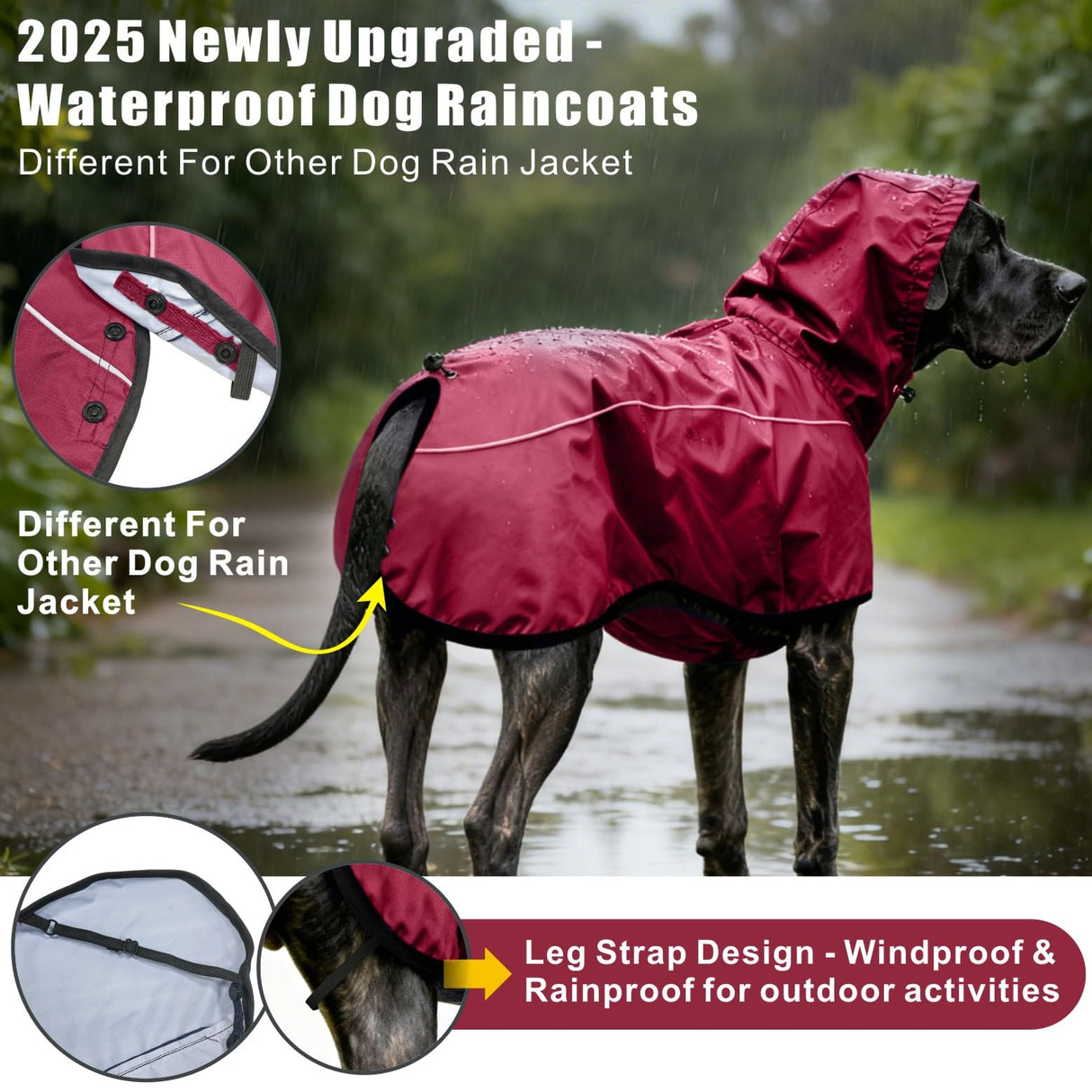 Mosucoirl Dog Raincoat Jacket Reflective Adjustable Hooded Pet Poncho Rain Coats with Leash Hole Waterproof Clothes for Small Medium Large Dogs (Red, L)