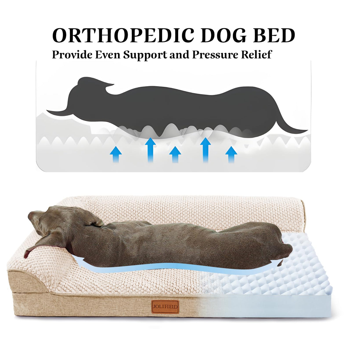 Jolifield Orthopedic Dog Bed Large Sized Dog 36''X24'', Waterproof L Bolster Egg Crate Foam Pet Crate Beds with Washable Removable Cover, Non-Slip Soft Pet Couch Sleep Mat, Ivory