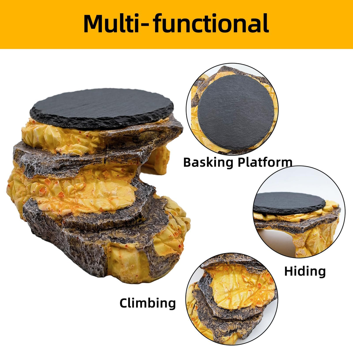 JWIZYOTR Bearded Dragon Basking Platform, Turtle Basking Platform Decorative Reptile Hideout with Rock Slate Plate in Terrarium for Lizard, Leopard, Crested Gecko(Large-Yellow)