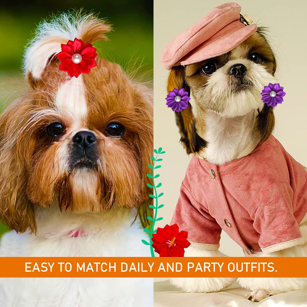 Mruq pet 80pcs Dog Flower Bows, Bulk Pet Small Dog Hair Bows with Rubber Bands, Mix Handmade Tiny Dog Hair Grooming Bows, Pearls Flowers Topknot Dog Bows for Puppy Yorkie Dog Hair Accessories