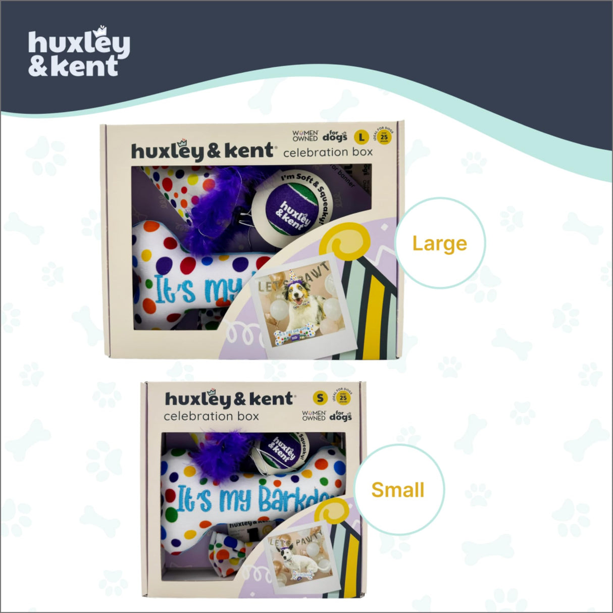 Huxley & Kent Celebration Box for Dogs - Fun Gift Kit with Plush Squeaky Toys, Party Hat, Bow Tie & Banner - Birthday, Gotcha Day & Special Occasion Dog Kit - Happy Barkday Box, Small