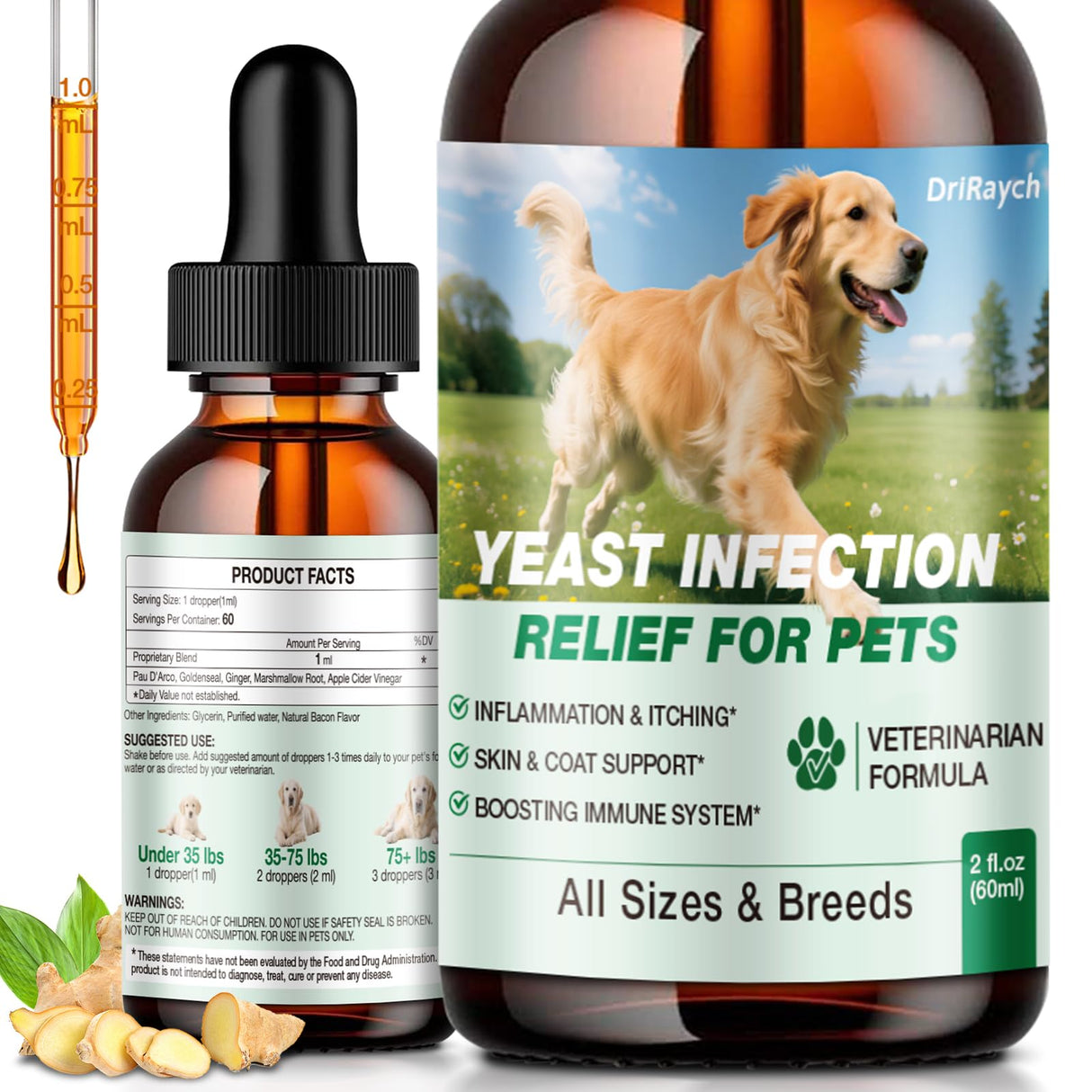 Yeast Infection Treatment for Dogs, Natural Dog Yeast Infection Treatment, Ear & Skin Itch Relief, Reduces Inflammation & Irritation, Herbal Dog Supplement Drops with Probiotics & Multivitamins, 2 FL