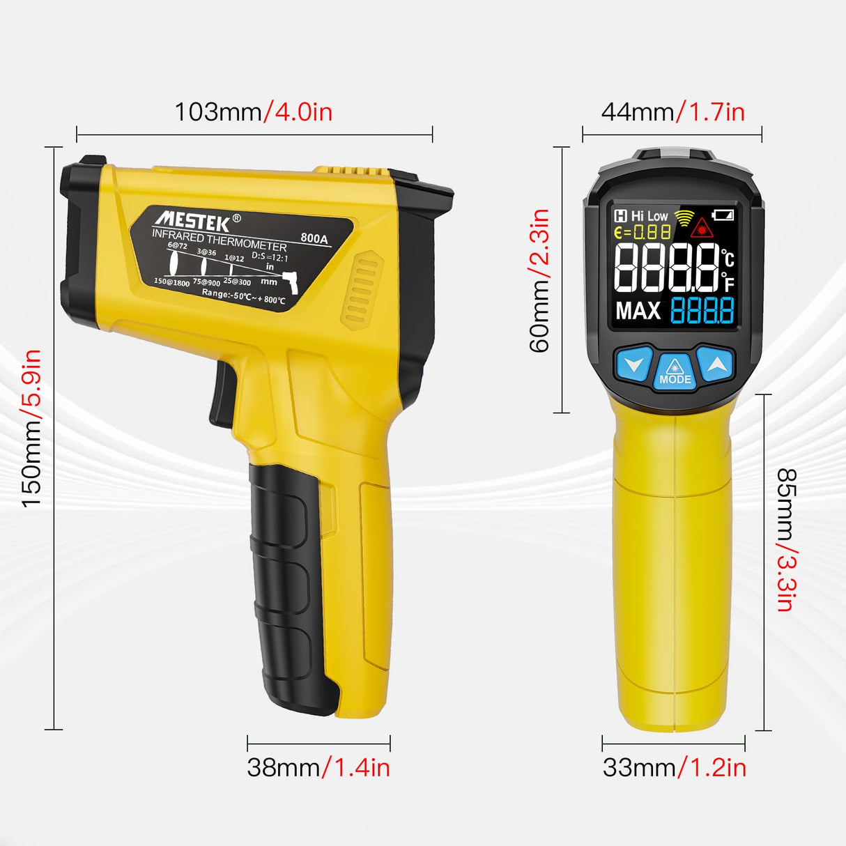 Infrared Thermometer - MESTEK Digital IR Laser Thermometer -58°F~1472°F Heat Temperature Gun with Adjustable Emissivity & Max Value, Non-Contact Surface Thermometer for Cooking, Freezer, Engine, HVAC