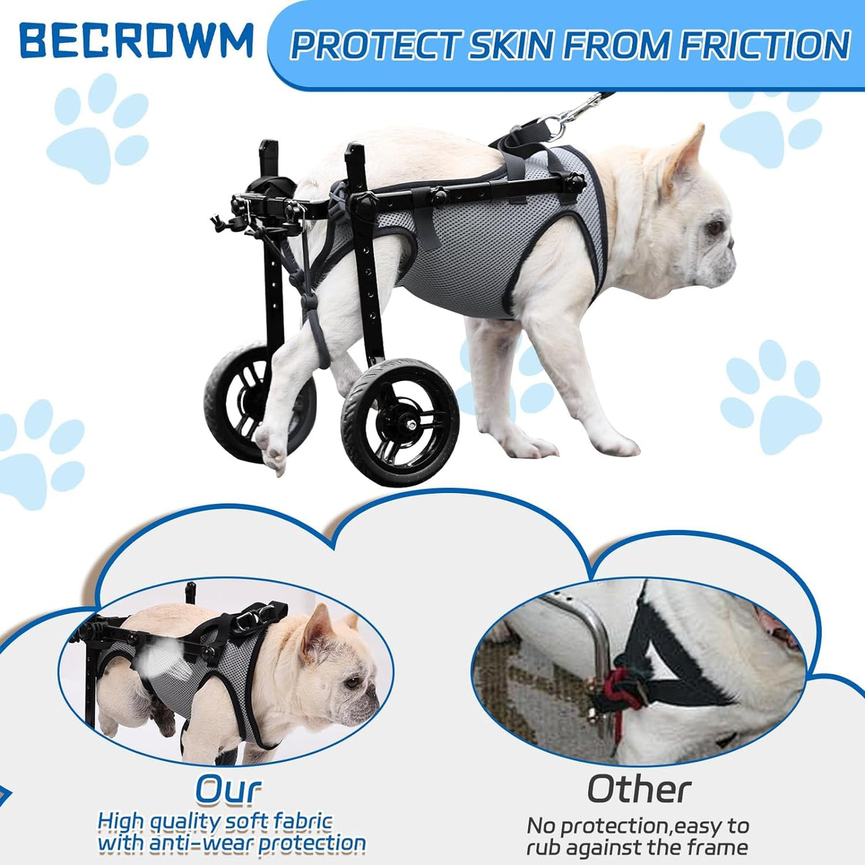 BECROWM Dog Wheelchair for Back Legs, Light Weight Dog&Cat&Pets Wheelchair Cart with Disabled Hind Legs Walking, Adjustable Doggy Wheelchair Cart with Wheels for Back Legs (Grey, Medium(M))