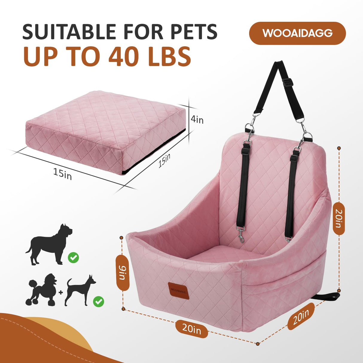 WOOAIDAGG Dog Car Seat for Medium Dogs, Pet Travel Bed with Seat Belt Channel, Fully Detachable and Washable, 3 Straps Easy to Install (Pink)