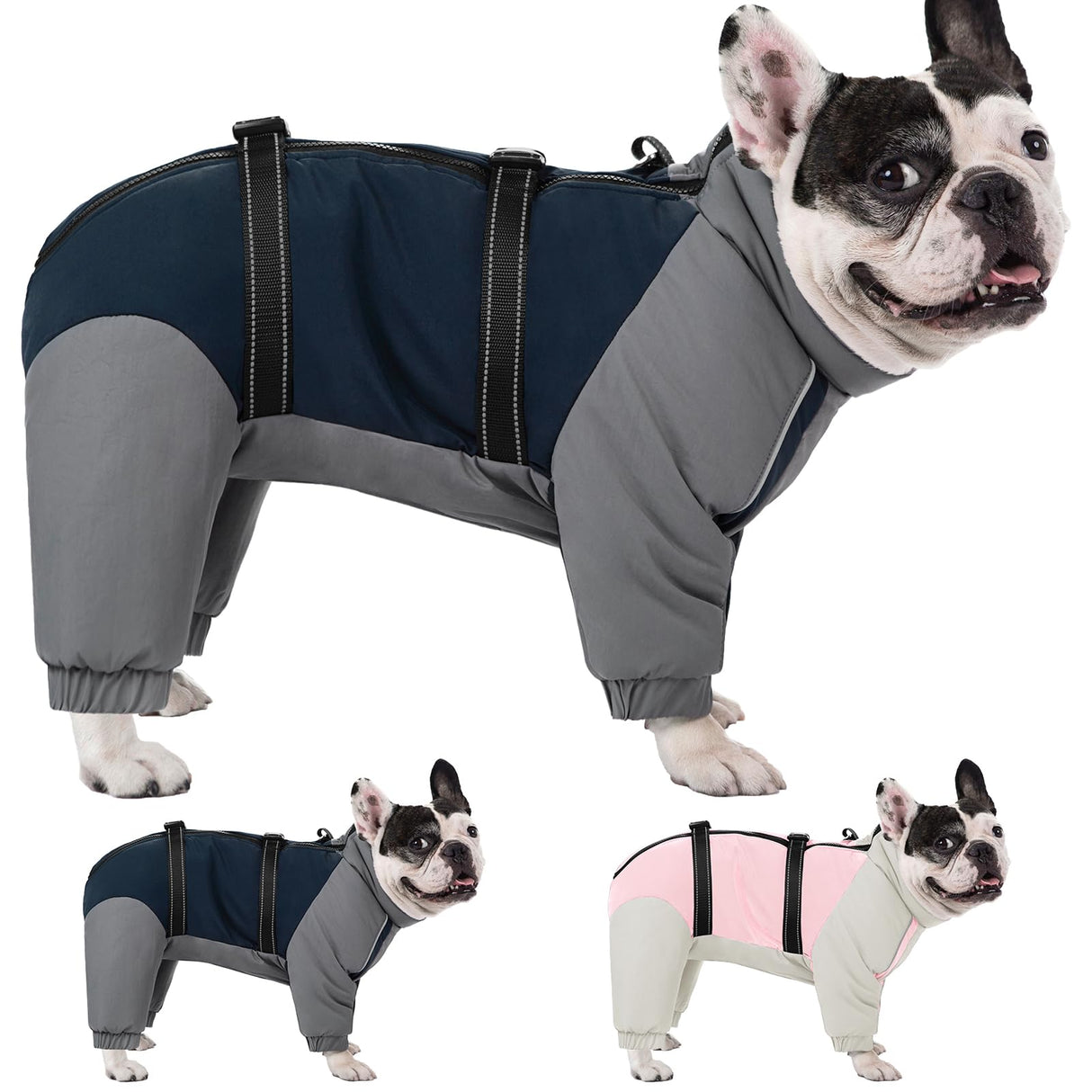 KOESON Four Legged Winter Coat, Warm Small Dog Jacket with Adjustable Buckles, Turtleneck Windproof Dog Fleece Jackets Reflective Fullbody Snowsuit Puffer Coat Blue Grey XS
