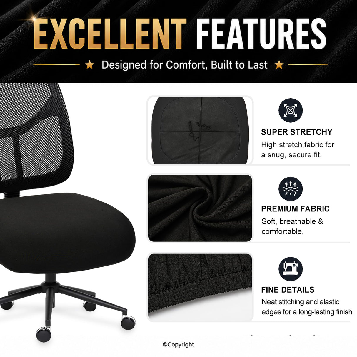 DIVA EN CAMINO DEC Water-Resistant Stretchable Desk Office Chair Seat Cushion Covers - Universal Spandex Computer Chair Slipcover - Removable Washable Cushion Protectors for Dogs, Cats, Black