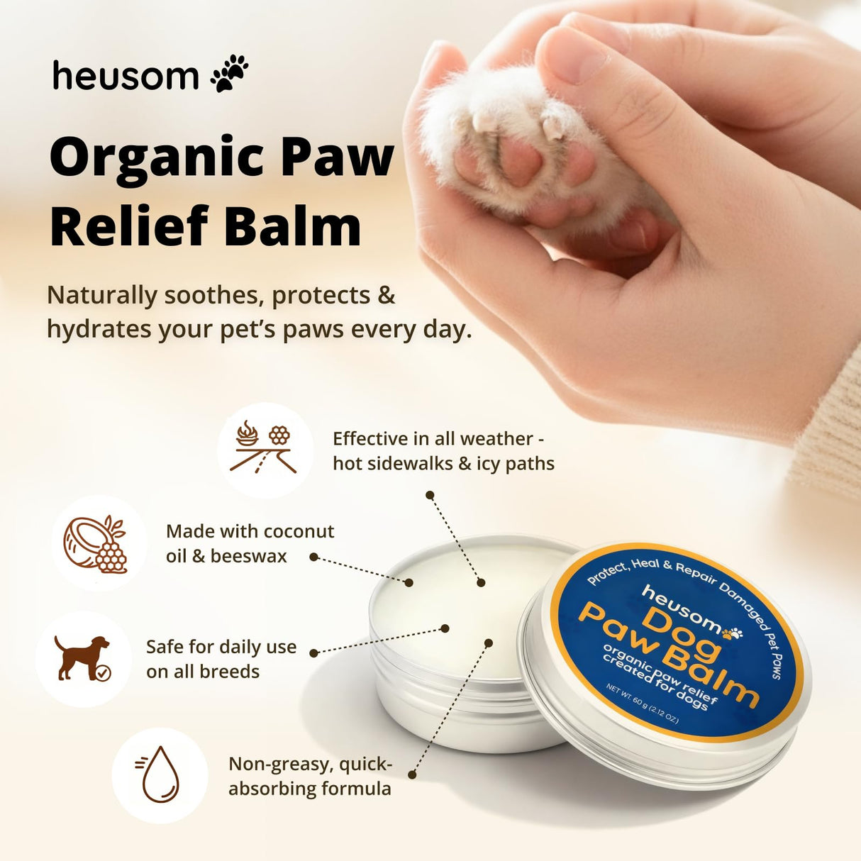 Heusom Silent Groom Pro Organic Pet Paw & Nose Balm | Natural Moisturizer for Dogs & Cats - Paws, Pads, Nose & Elbow | Lick Safe Cream with Coconut Oil & Beeswax | Anti-Dry Skin Relief & Protector