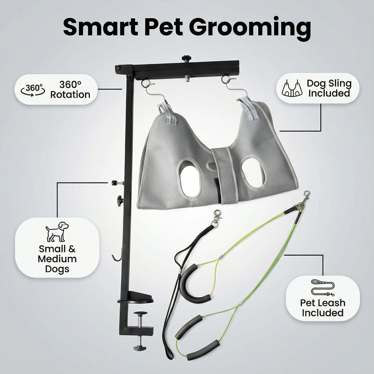 Mluyeri 360 Rotatable Dog Grooming Arm with Clamp,Foldable Adjustable Height Dog Grooming Table Arm with Hammock and Restraint Dog Leashes,Pet Grooming for Small Medium Dogs at Home or Salon