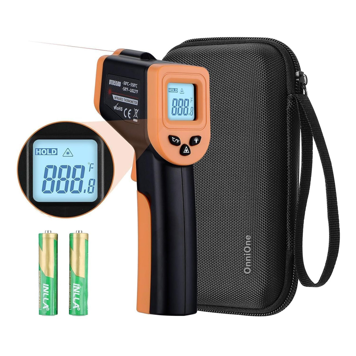 OnniOne Infrared Thermometer Gun for Cooking, Laser Thermometer Gun for Blackstone Pizza Oven, -58β~1022β Non Contact Temperature Gun with Carrying Storage Case, LCD Backlit (NOT for Human)