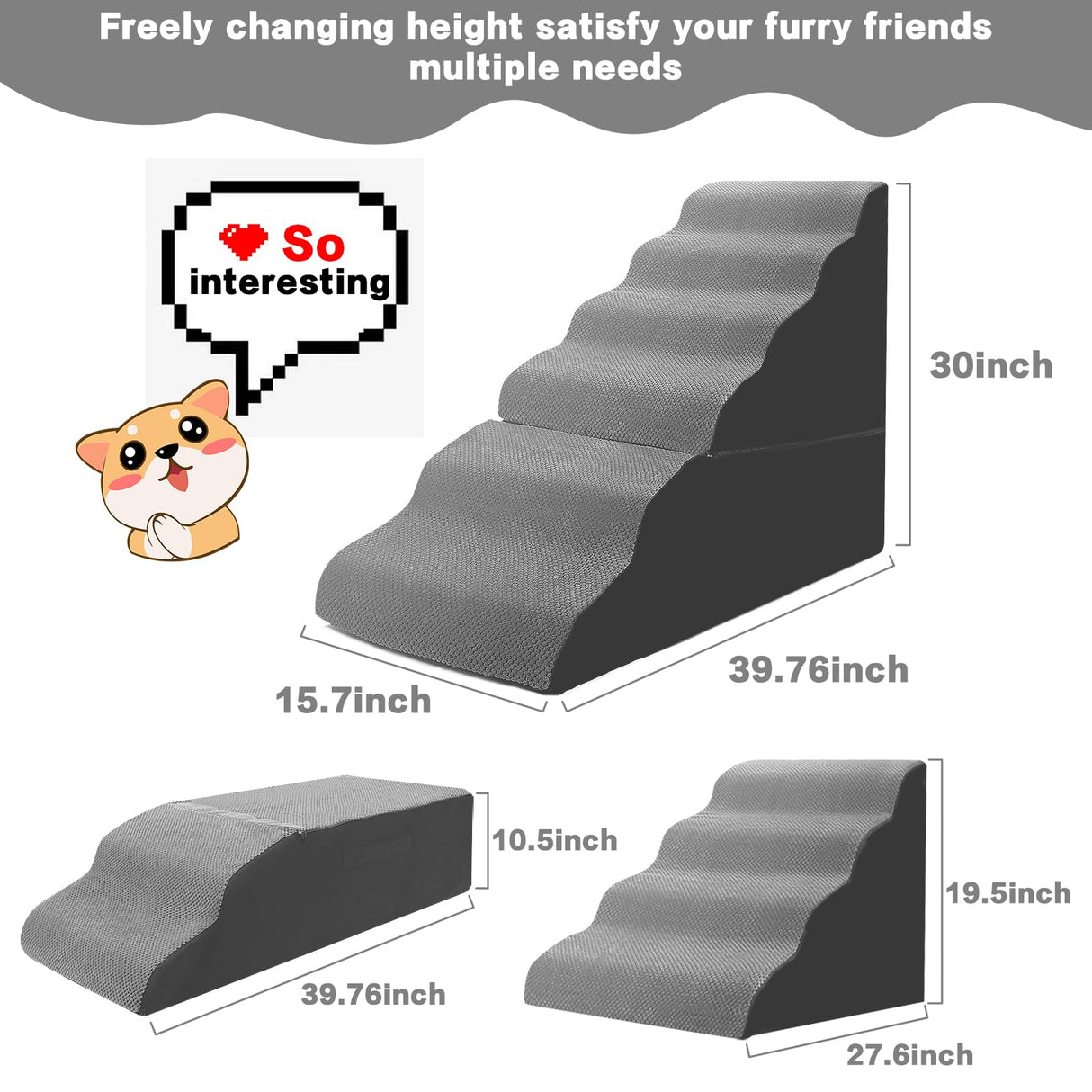 MALOROY Dog Stairs for High Beds 30-36 inches Tall, 6-Step Dog Steps for Bed 32-36 inches for Small Large Dogs, Doggie Ramp for Bed, 30D Foam Pet Stairs for Old Dogs/Cats, Free-Installation, Grey