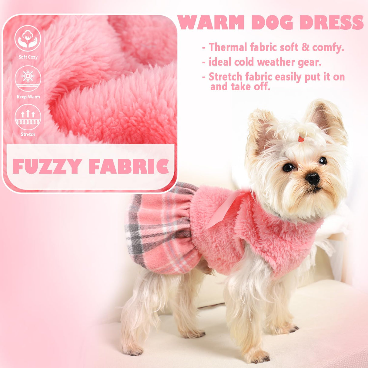 Yikeyo Fuzzy Dog Plaid Sweater Dress, Fall Winter Warm Female Dog Clothes for Small Dogs Girl, Pet Outfit, Cat Apparel (Small, Pink)