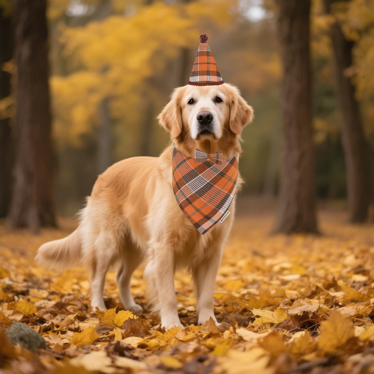 ADOGGYGO Fall Dog Bandana Hat Bow Set - Stylish Orange Plaid Fall Thanksgiving Halloween Costume Outfit for Extra Large Dogs (X-Large)