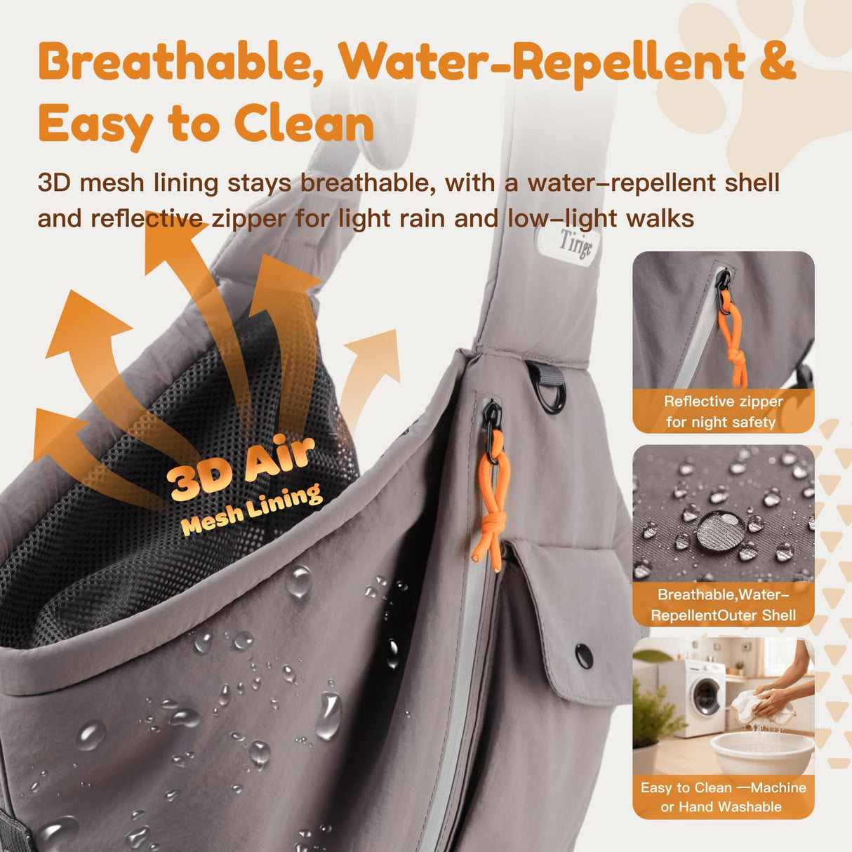 Tirige Pet Sling Carrier for Small Dogs and Cats, Hands-Free Crossbody Bag with Safety Leash, Multiple Pockets, Gray, 5-15 lb