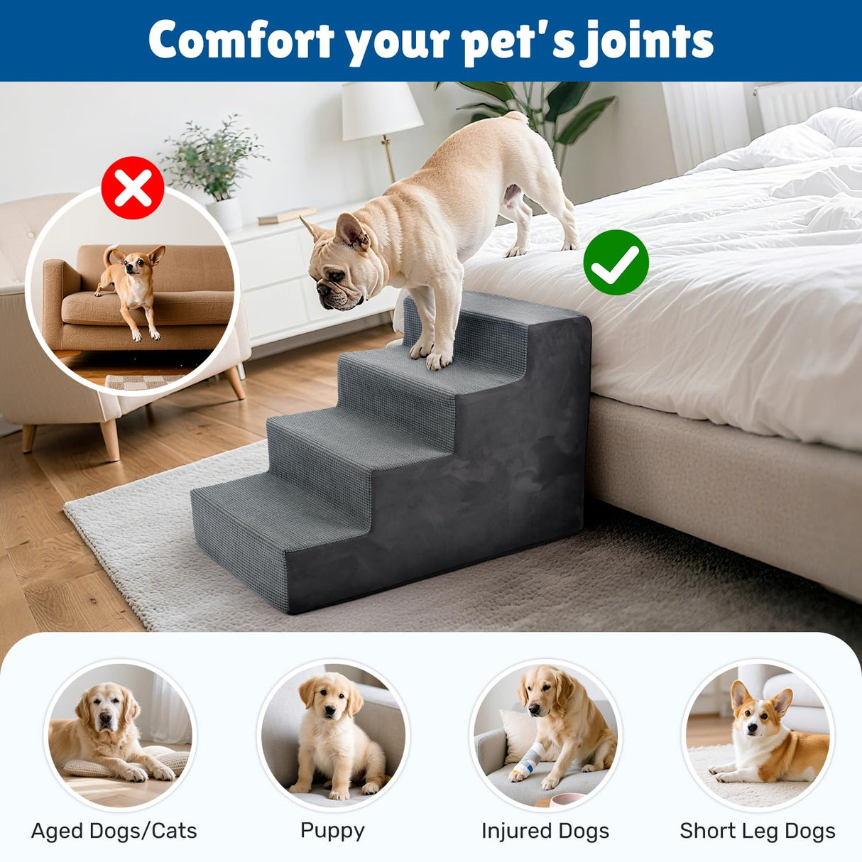 Dog Steps for Bed, 18" H Dog Stairs for Small Dogs, 4-Tier Pet Stairs with Washable Cover, Non-Slip Pet Steps for Dogs to Get On Bed