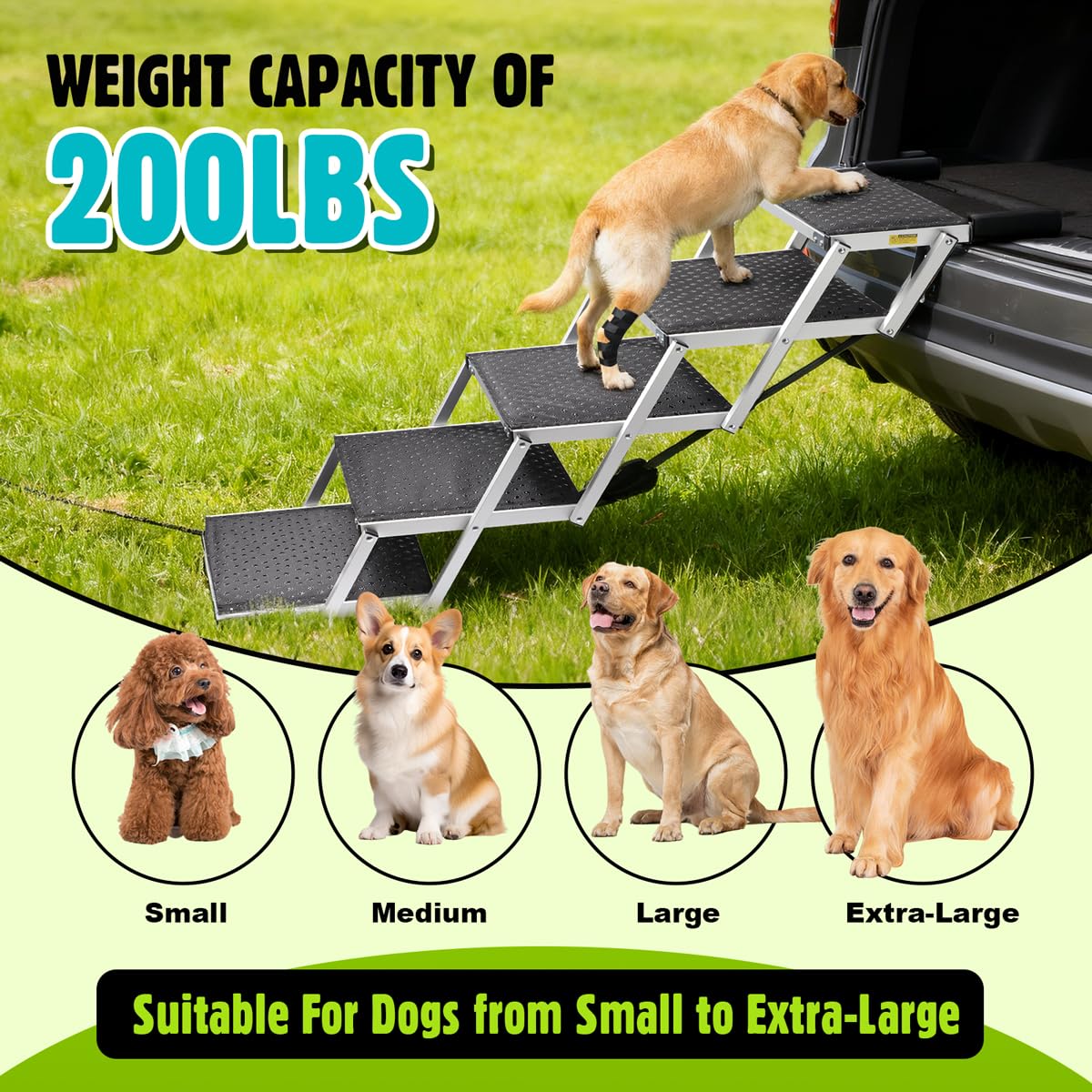 Dog Car Ramp for Large Dogs SUV, 5 Step Folding Dog Stairs with Non- Slip Surface & Reinforced Design, Foldable Pet Stairs Support Up to 200lbs- Suitable for SUV, Truck, Sofas, Bed