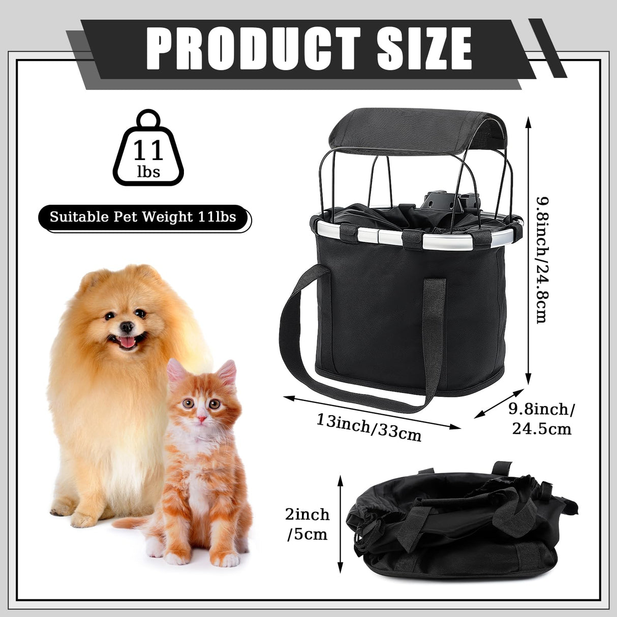 SilTriangle 11lbs Dog Bike Basket with Sun Shade Removable Small Pet Cat Dog Carrier Quick Release Bicycle Handlebar Front Basket Detachable Cycling Picnic Bag for Commuting Shopping Camping