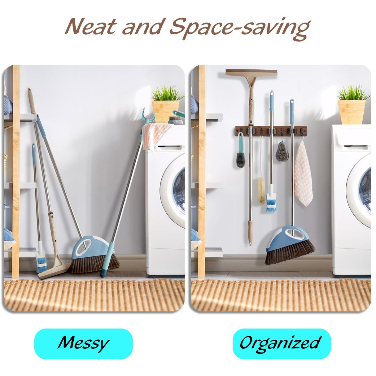 Mop Broom Holder Wall Mount with 3 Slots & 4 Hooks - Wood Broom Mop Hanger for Pantry Kitchen Organization - Garden Tool Organizer for Closet Laundry Room - for Rustic Farmhouse Kitchen Decor