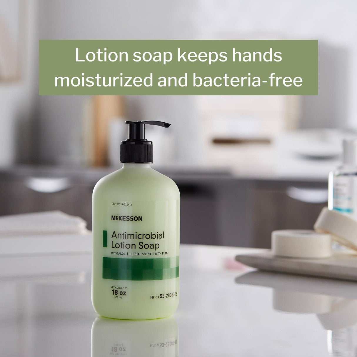 McKesson Antimicrobial Lotion Soap with Pump, Aloe, Herbal Scent, 18 oz, 12 Count