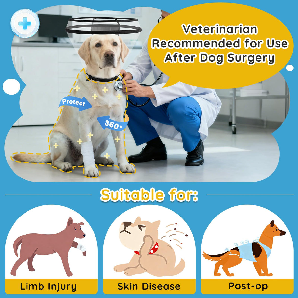 Didopet Dog Cone Collar After Surgery, Extended Dog Recovery Cone to Stop Licking Wounds, Transparent Soft Elizabethan Collar for Large Medium Small Dogs, Adjustable Pet Cone with Elastic Neck Loops