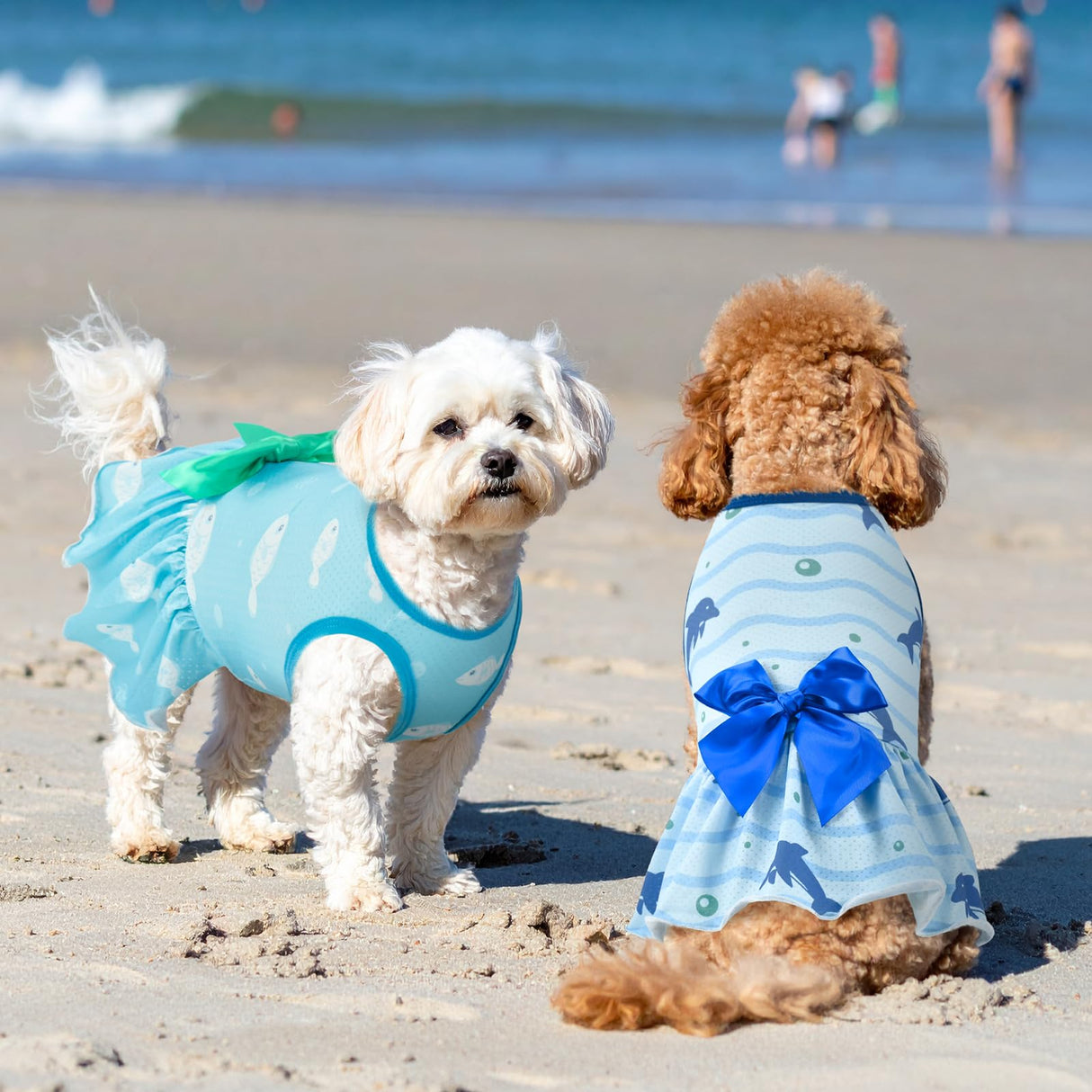 Vehomy 2-Pack Dog Summer Dress Breathable Puppy Cat Dresses with Bowknot Pet Summer Cool Outfits Skirts with Sea Fish Dolphin Patterns for Small Medium Dogs L