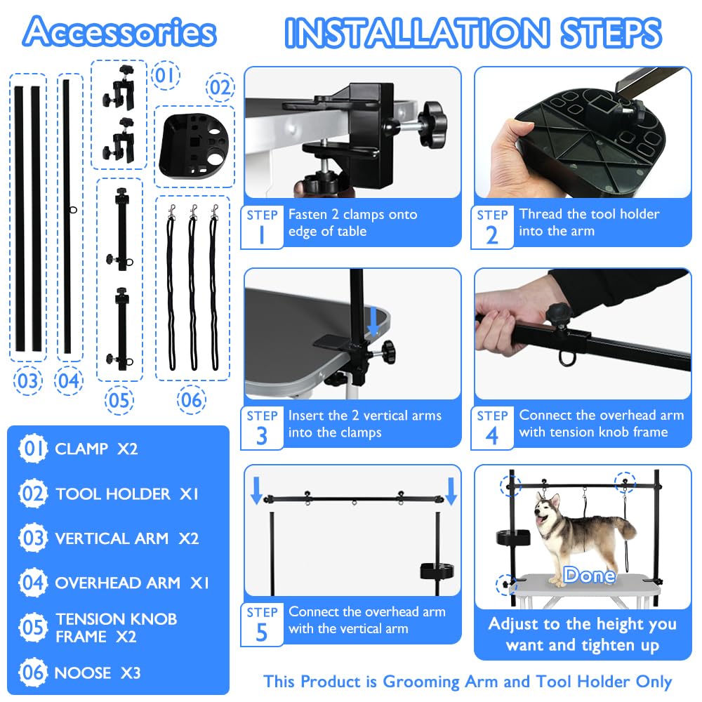 LEIBOU H-Shape Pet Grooming Table Arm with Tool Holder Noose and Clamp for Dogs and Cats Heavy Duty Aluminum Alloy Frame with 35.4” Adjustable Height and 36.2” ~ 50” Adjustable Width