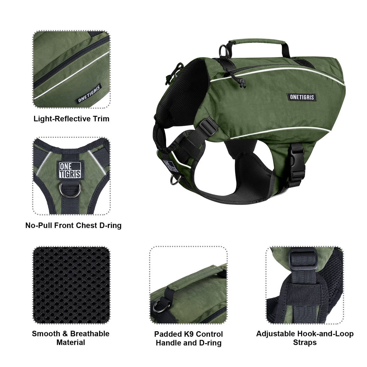 ONETIGRIS Y-Shaped Dog Backpack with Handle, Pockets & No Pull D-Rings, Lightweight Hiking Gear for Dogs Hunting Camping Travel (Medium, Green)