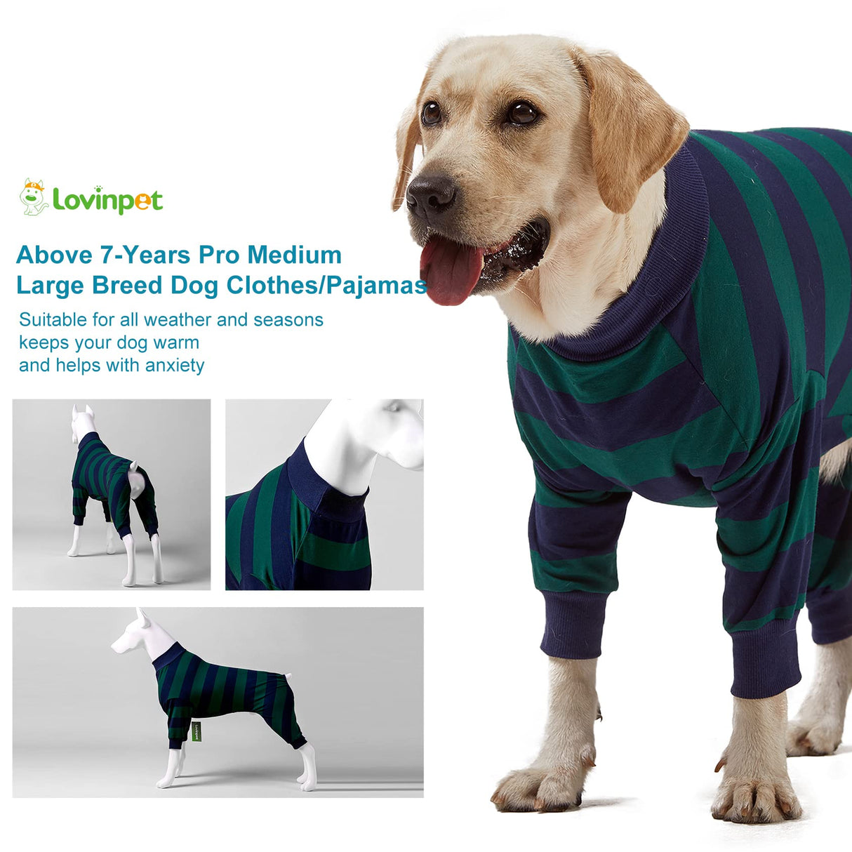 LovinPet Large Dog Pajamas Bodysuit, Lightweight Stretchy Knit Pullover Dog Onesie, Pet Pajamas for Dogs, Green and Black Stripe Print Dog Shirt, UV Protection, Stop Shedding for Dogs, Pet PJ's, 2XL