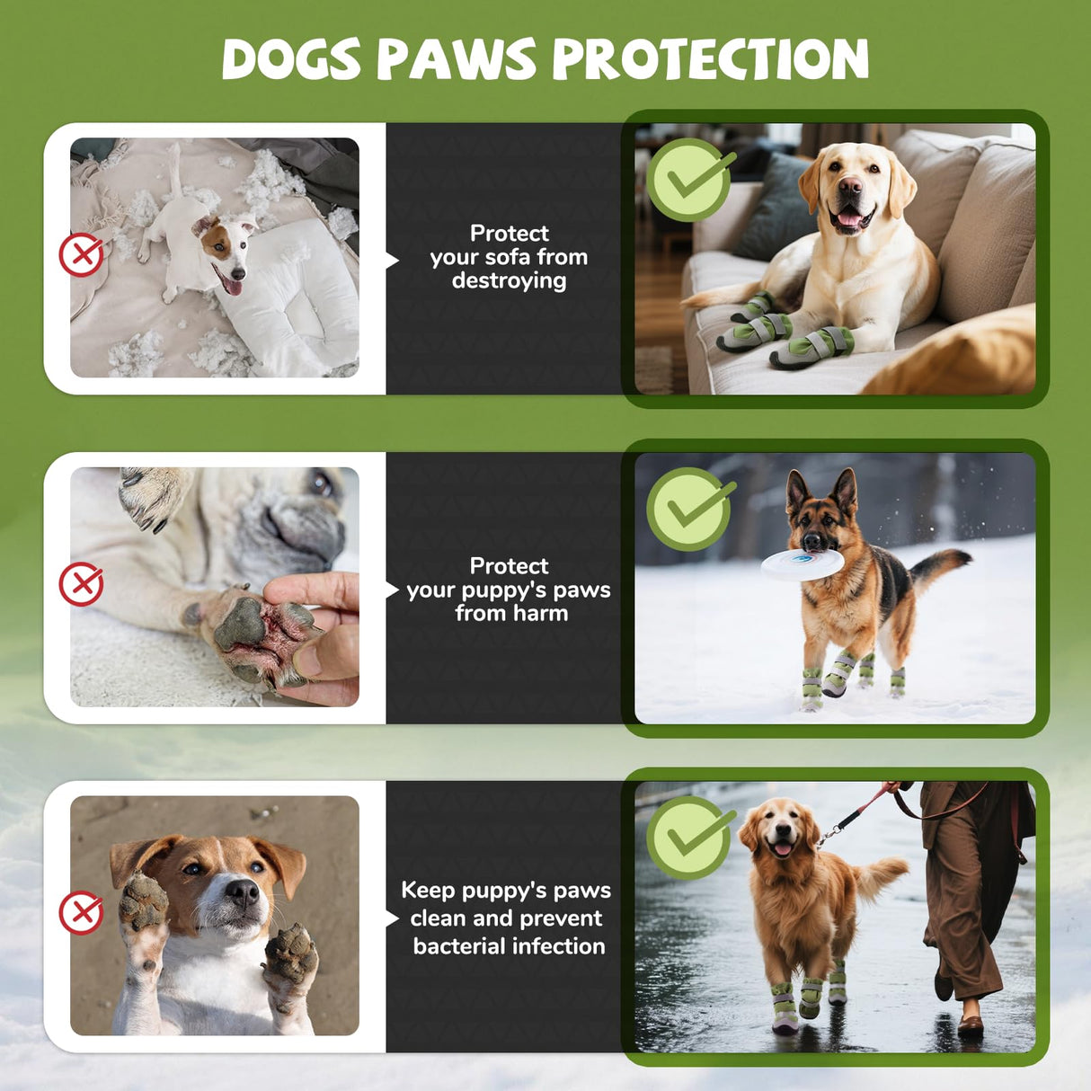 Winter Dog Snow Boots with Fleece Lining, Dog Shoes for Medium Large Size Dogs, Waterproof Dog Booties and Paw Protectors, Anti-Slip & Reflective Dog Shoes for Snow Outdoor, Hiking (Green-Size 3)
