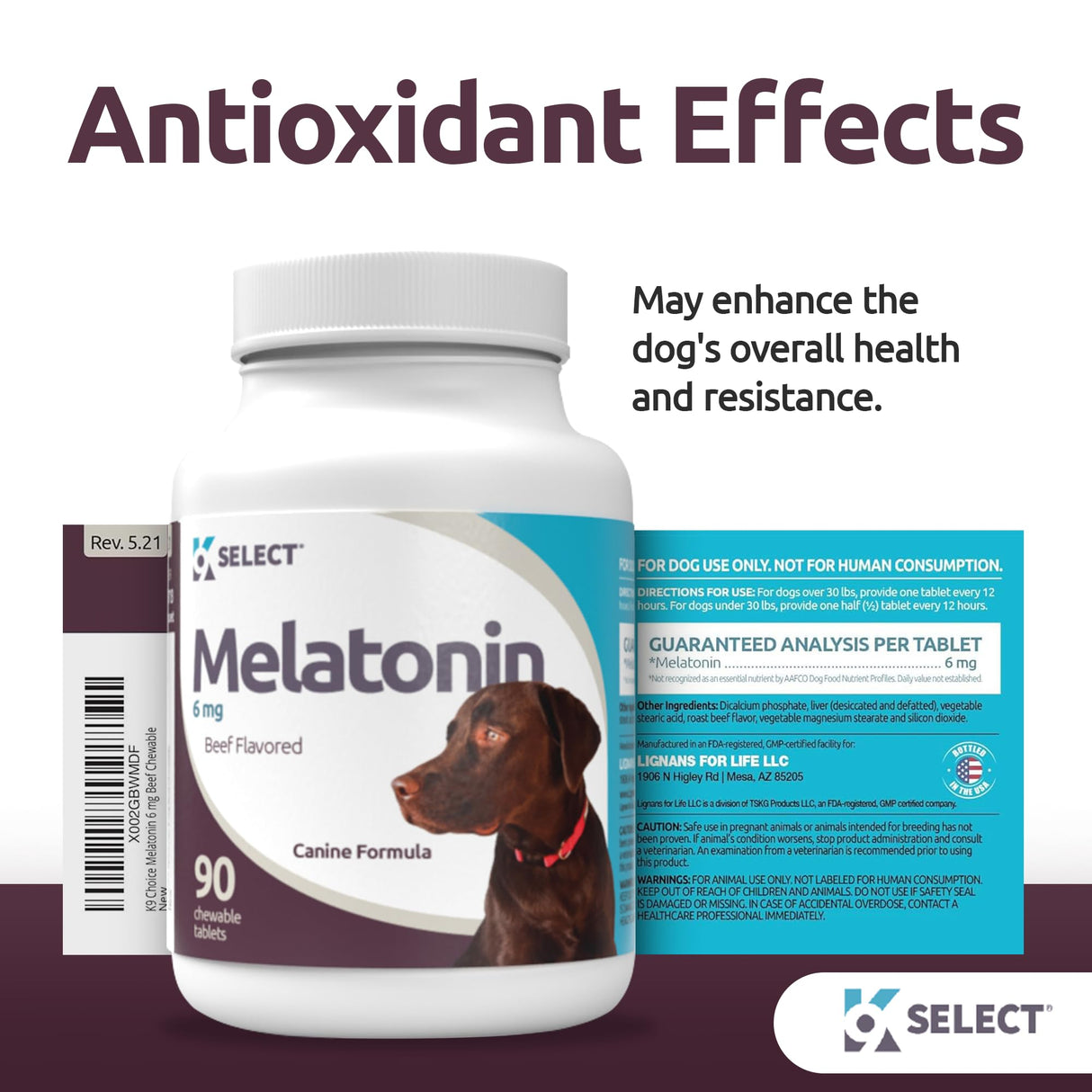K9 Select Melatonin for Large Dogs - Composure Dog Calming Chews - Dog Melatonin for Sleep - Reduce Stress for Large Dogs - 6 mg, 90 Beef Flavored Chewable Tablets