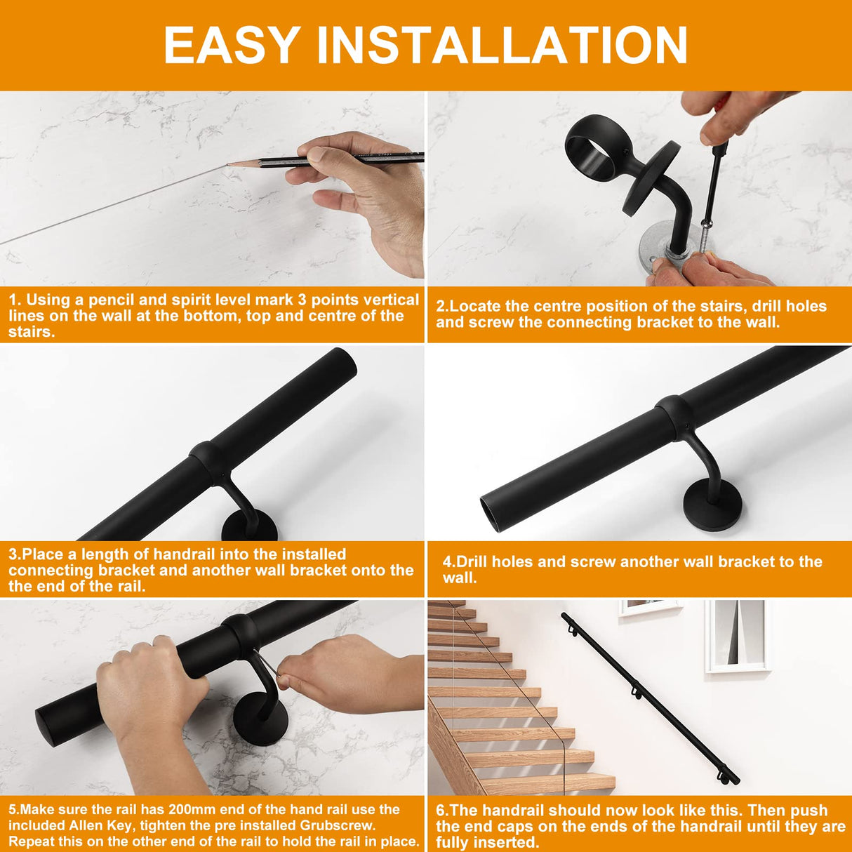 ROTHLEY Pipe Handrails for Indoor Stairs: 6.6FT Stair Railing Steel Hand Railings for Stairs Indoor Wall Mount Stair Handrail Complete Kit 1.6" Round Metal Stair Railing for Elderly & Kids