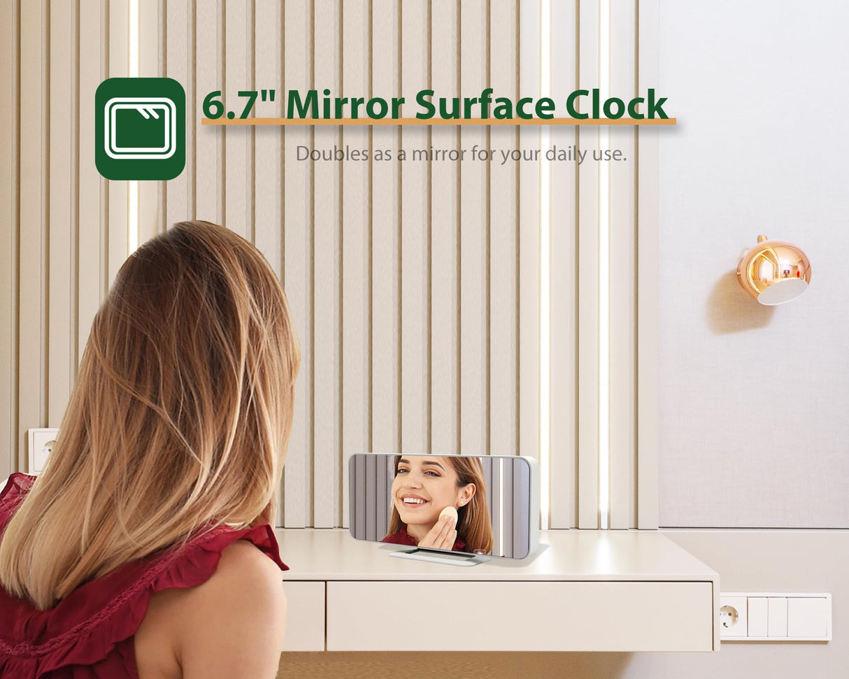 Neasroe Digital Alarm Clock, 6.7" Mirror Clocks Large Numbers LED Display for Bedrooms - Auto Dimmer, Time and Date, Room Temperature, Snooze, 12/24 Hour for Teens, Elderly, USB Powered(White)