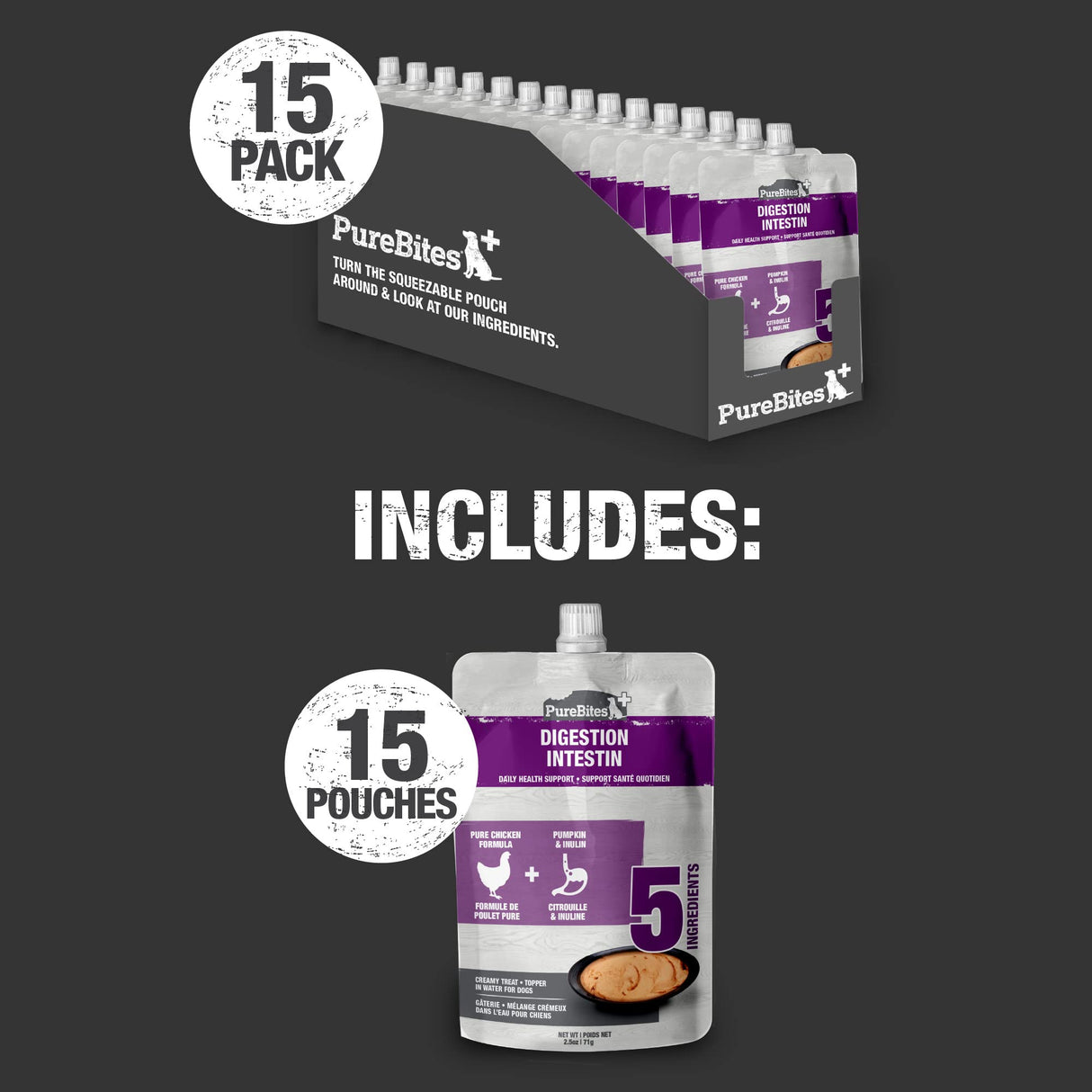 PureBites Plus Squeezables Dog Treat • Topper 71g | Gut & Digestion | 5 Ingredients | Case of 15