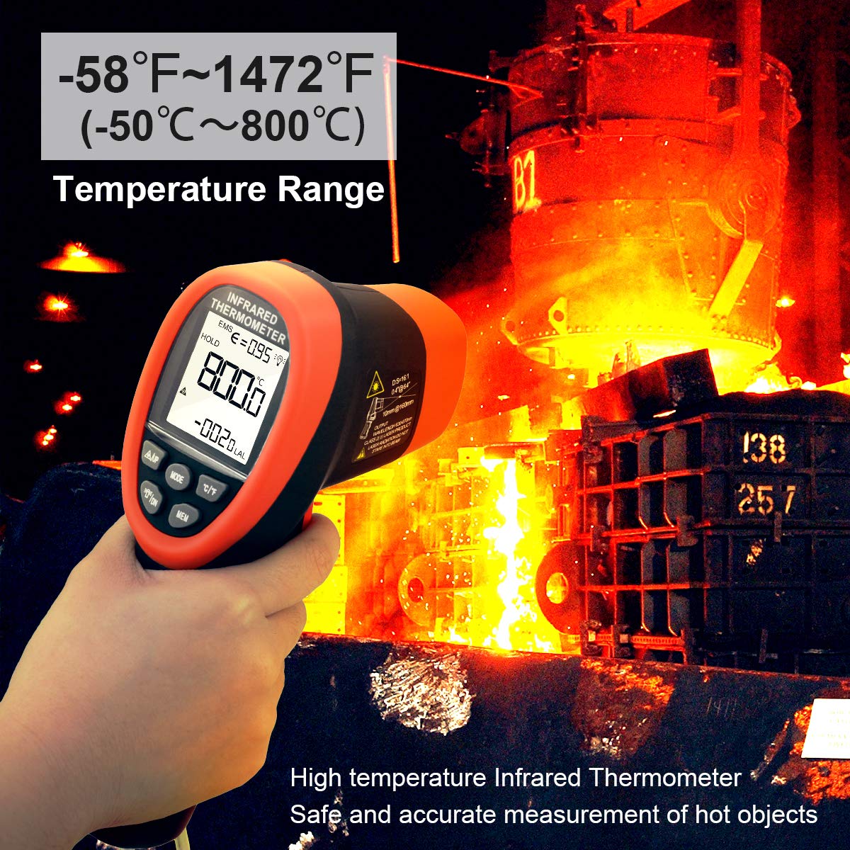 Infrared Thermometer with Bluetooth AP-985C-APP Range from -58β~1472β(-50βο½800β),16:1Laser Temperature Measure Gun, Data Record, Adjustable Emissivity for Forge Cooking
