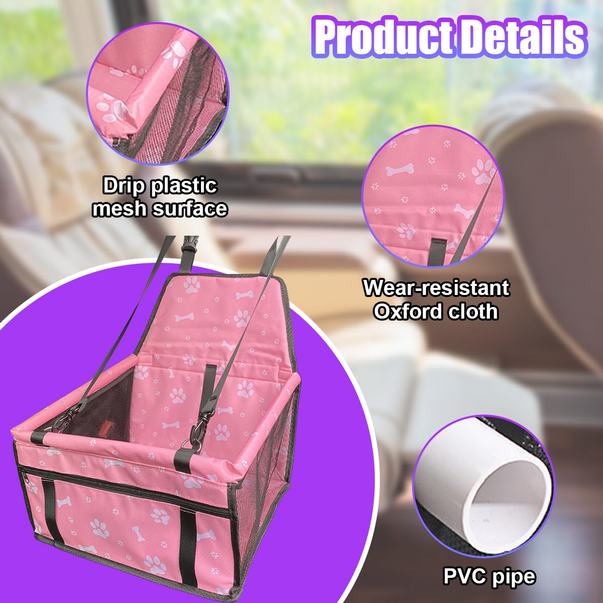 UHANBUT Pet Car Seat, Breathable & Waterproof Oxford Dog Car Booster Seats with Seat Belt and Mesh Window, Portable Foldable Travel Look Out Bag for Small Medium Dogs & Cats (Pink, 1PC)