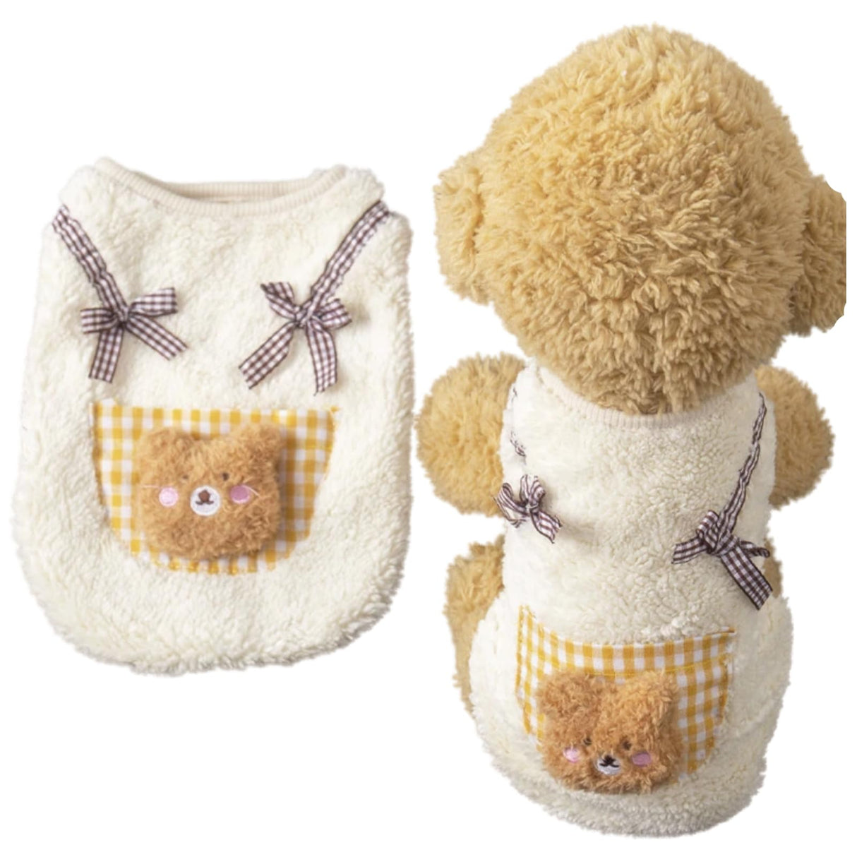 Cute Cat Apparel with Bow and Plaid Pocket Plush Dog Pullover Sweater Warm Soft Kitten Turtleneck for Indoor Cats and Small Medium Dogs (Yellow, M (3.3-6.6lbs))