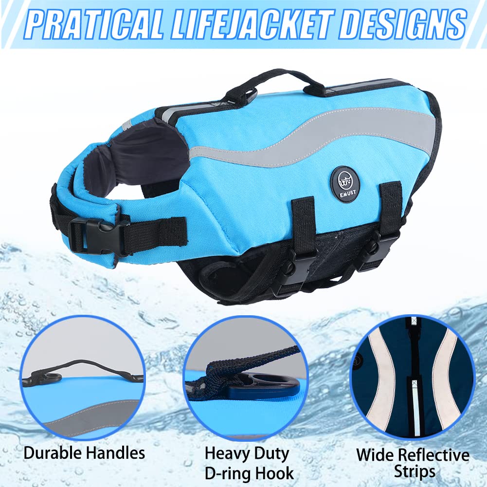 EMUST Dog Flotation Vest, Reflective Life Jacket for Small Dogs with Rescue Handle, Small Dog Vests Lifesaver for Swimming Boating Water with Front Neck Float, Blue,S