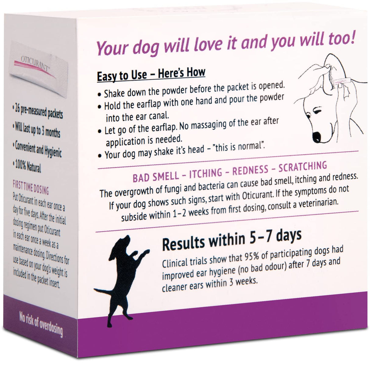 OTICURANT Pet Ear Powder for Dogs | No More Itching, Scratching or Bad Smell | Reduces Waxy Build Up | No Cleaning Solution Drops or Wash Needed | 26 Easy-Dose Packets