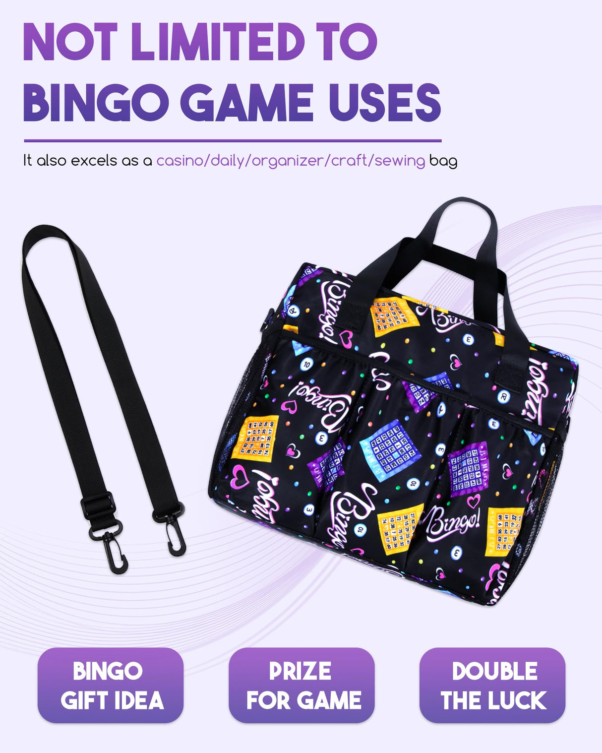 Bingo Bag with Pockets for Bingo Daubers Dabbers Dobbers Black Bingo Bag for Bingo Stuff Supplies Bingo Game Accessories for Bingo Lovers Players Bingo Prizes for Adults Seniors Elderly Juego de Bingo
