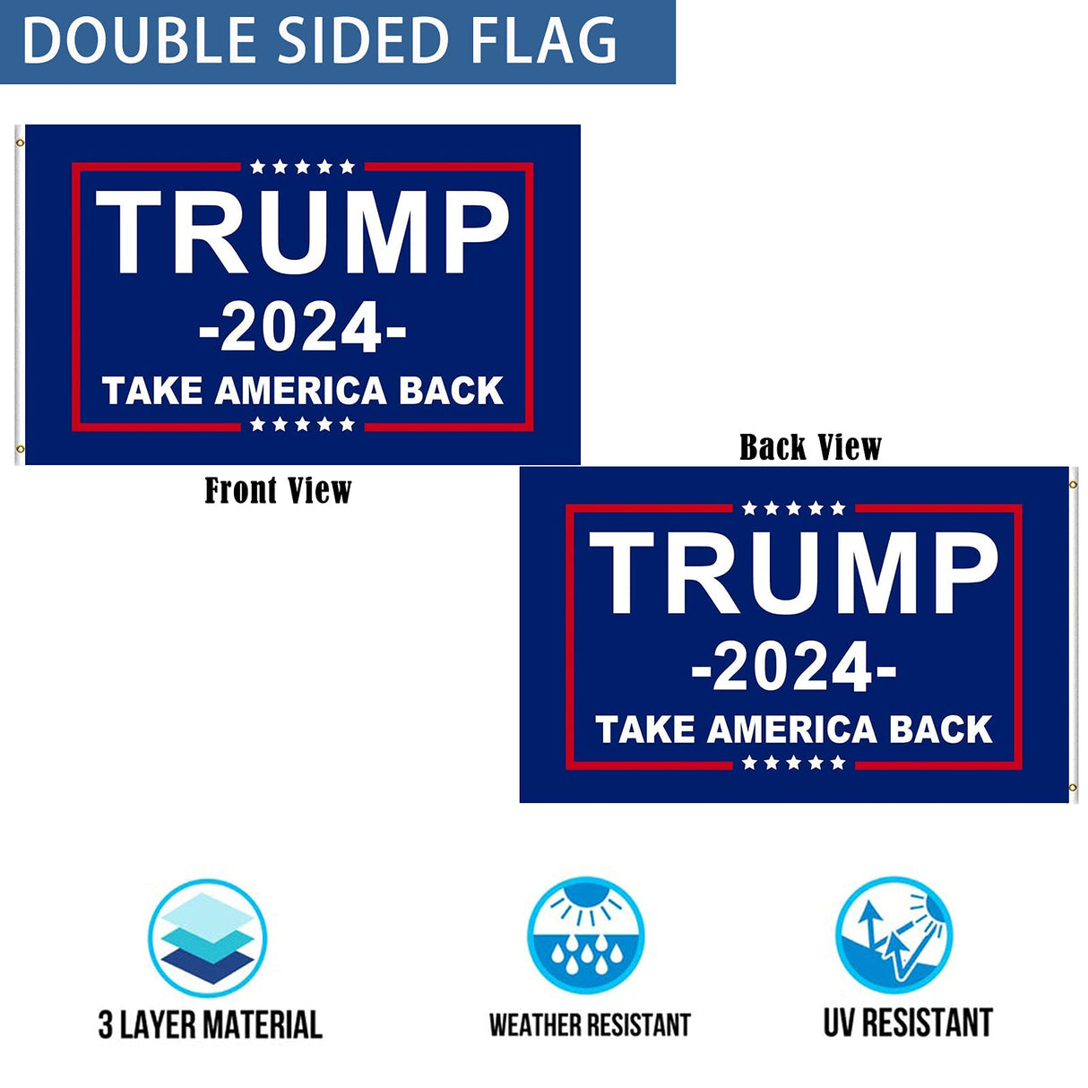 Trump 2024 Flag Take America Back Double Sided- Trump Flags 3x5 Outdoor Double Sided Heavy Duty Donald Trump Flags Banner Super Durable 4 Rows Stitched Edge Canvas Header with 2 Brass Grommets